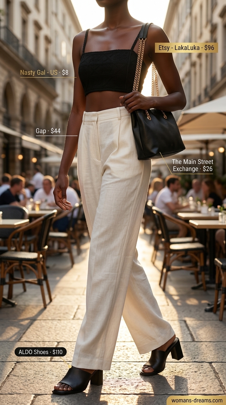 Urban summer nights outfit with black crochet crop top and linen trousers. Crochet summer crop top outfits 2026.