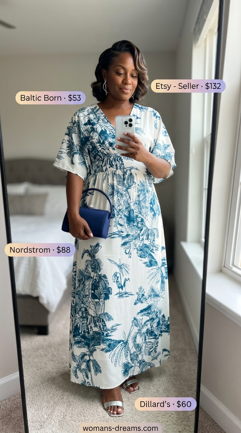 Curvy wrap dress outfit summer 2026: Navy & teal abstract maxi dress, silver sandals, navy clutch.