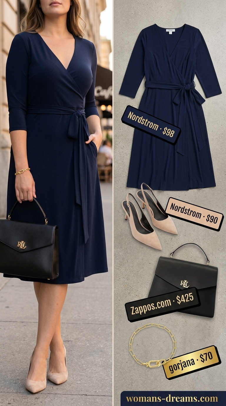 Curvy wrap dress outfit summer 2026: Navy midi wrap dress, nude pumps, gold bracelet, and black satchel for work.
