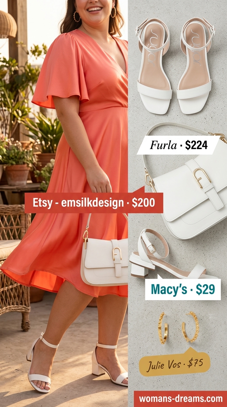 Curvy wrap dress outfit summer 2026: Bright coral midi wrap dress, white top-handle bag, white block heels, and gold earrings.