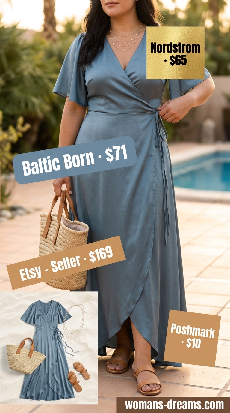 Curvy wrap dress outfit summer 2026: Sky blue maxi wrap dress, straw tote, gold necklaces, and tan slides for beach vacation.
