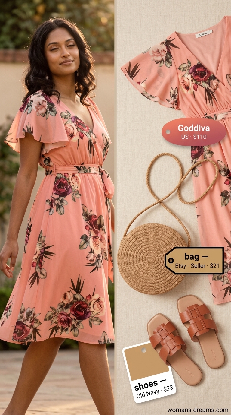 Curvy wrap dress outfit summer 2026: Coral floral midi wrap dress with tan slides and straw bag for vacation.