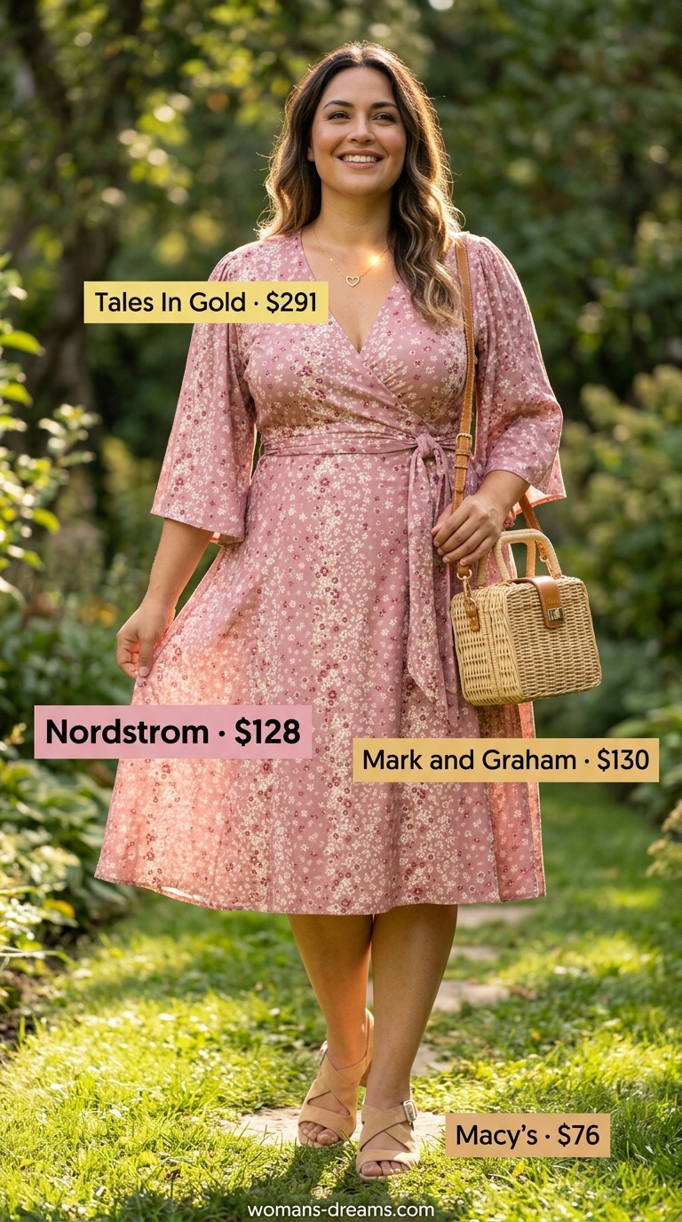 Curvy wrap dress outfit summer 2026: Pastel floral midi wrap dress, straw crossbody, gold necklace, and block heel sandals.