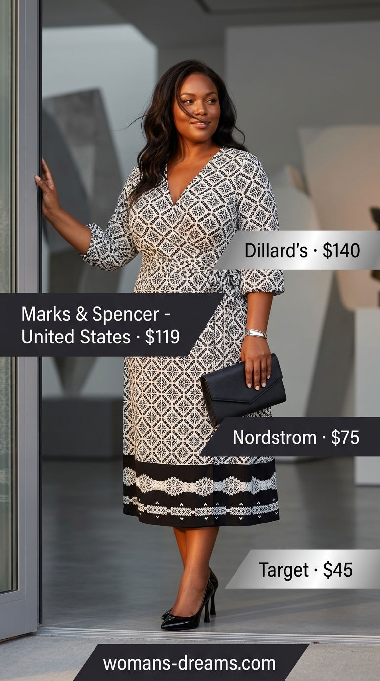 Curvy wrap dress outfit summer 2026: Black & white geometric midi dress, silver cuff, black pumps for art gallery.