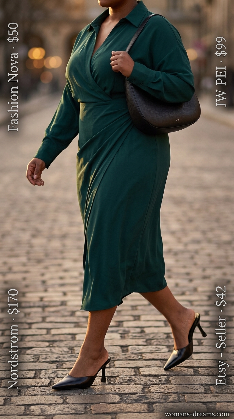 Curvy wrap dress outfit summer 2026: Forest green midi wrap dress, black mules, black shoulder bag.