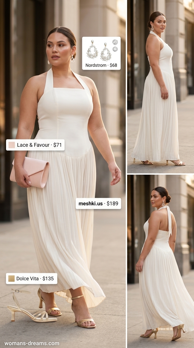 Curvy wrap dress outfit summer 2026: Ivory chiffon maxi dress with gold sandals for a summer wedding guest look.