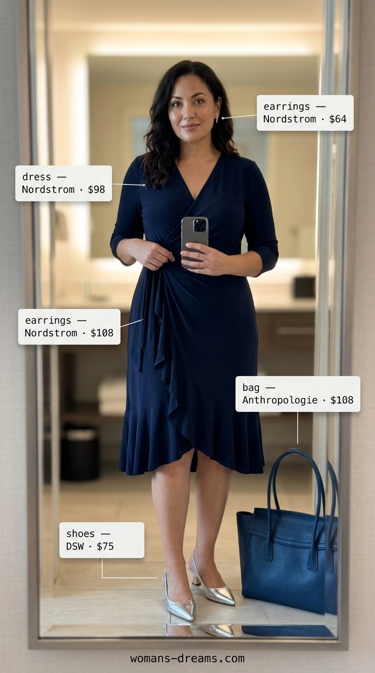 Curvy wrap dress outfit summer 2026: Navy blue midi wrap dress, silver kitten heels, silver studs.