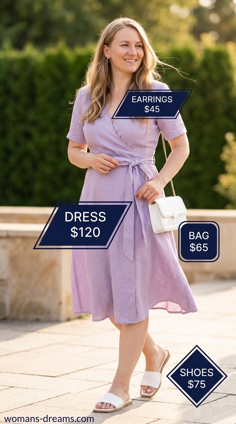 Curvy wrap dress outfit summer 2026: Lavender midi wrap dress, white crossbody, silver earrings, and flat slides.