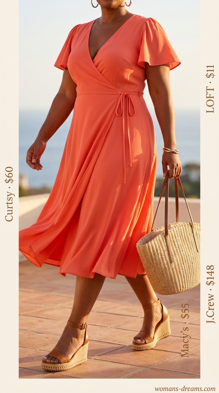 Curvy wrap dress outfit summer 2026: Coral midi wrap dress, straw tote, espadrille wedges, and gold hoop earrings.