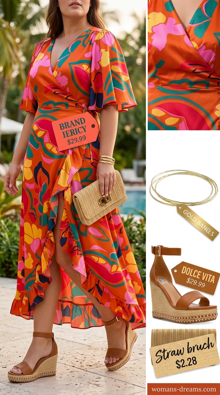 Curvy wrap dress outfit summer 2026: Tropical floral maxi wrap dress, straw clutch, gold bangle, and espadrille wedges.