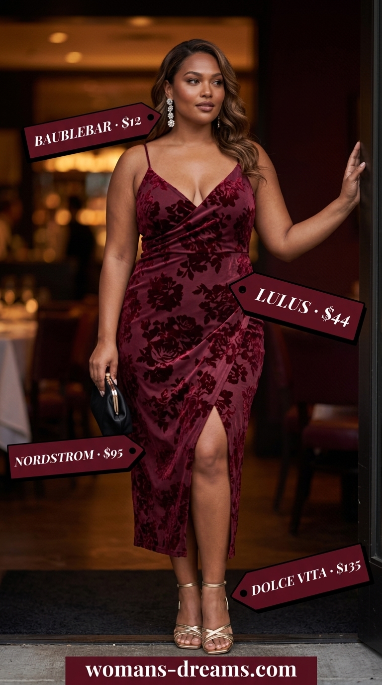 Curvy wrap dress outfit summer 2026: Wine red velvet burnout midi wrap dress, gold heels, black clutch.