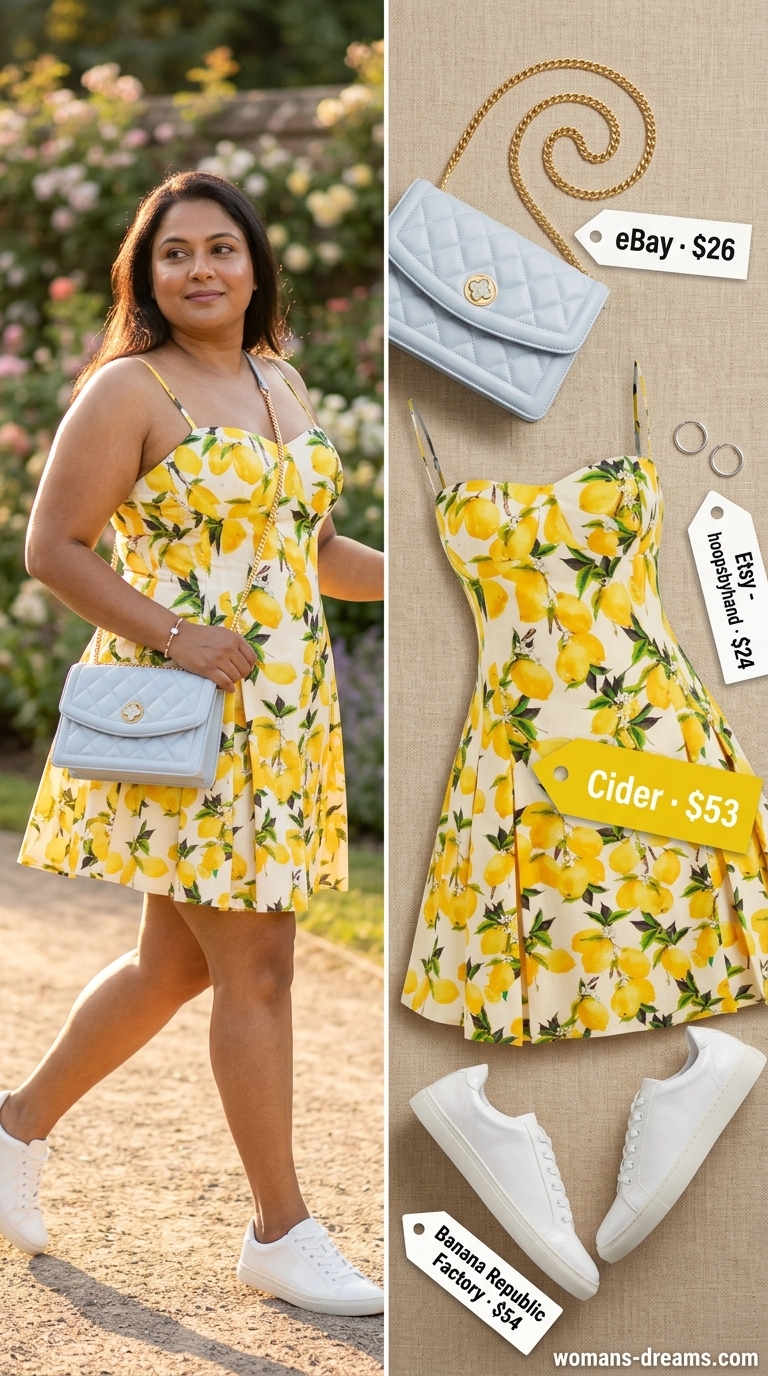 Curvy wrap dress outfit summer 2026: Yellow gingham mini sundress, white sneakers, blue crossbody bag for a casual day out.