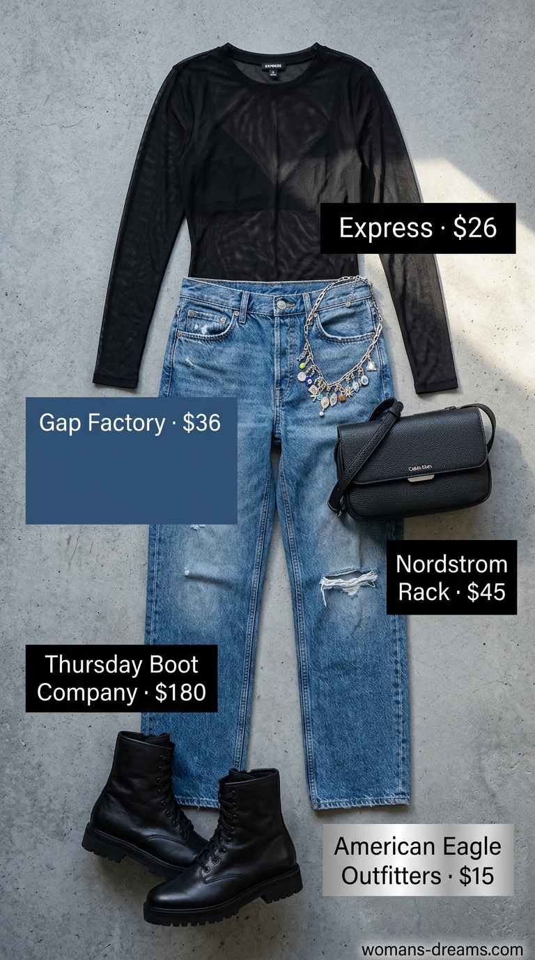 Low-waist distressed denim trousers for women 2026, styled with a sheer mesh top and combat boots for an edgy look.