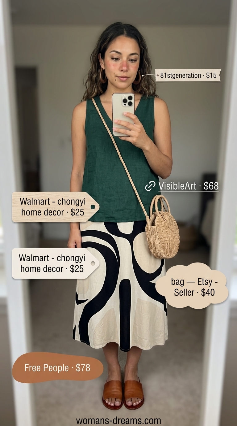 Artsy Summer Day: beige abstract print sleeveless dress, olive green linen tank top, straw bag.