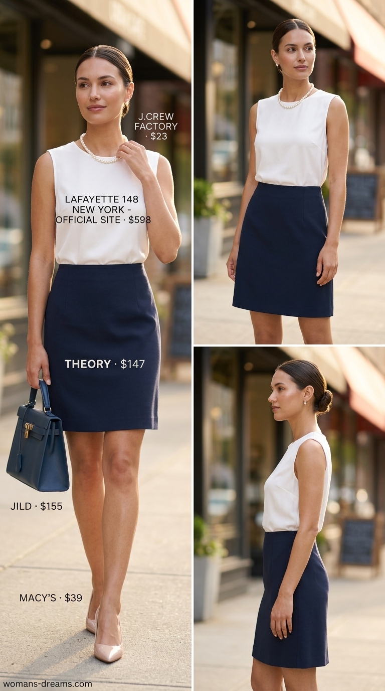 Sophisticated City Brunch: navy sheath dress with white sleeveless shirtdress, pearl necklace.