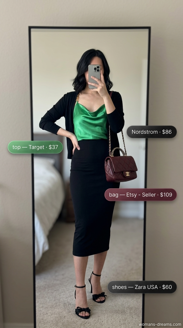 Emerald City Nights: emerald green satin camisole with black midi dress, gold statement earrings.