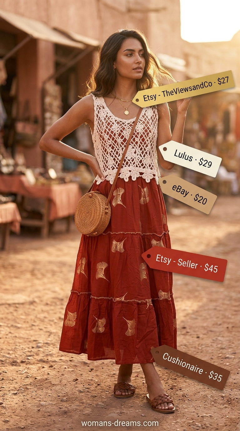 Sunset Festival Goddess: terracotta floral maxi dress with cream crochet crop top, gold necklaces.