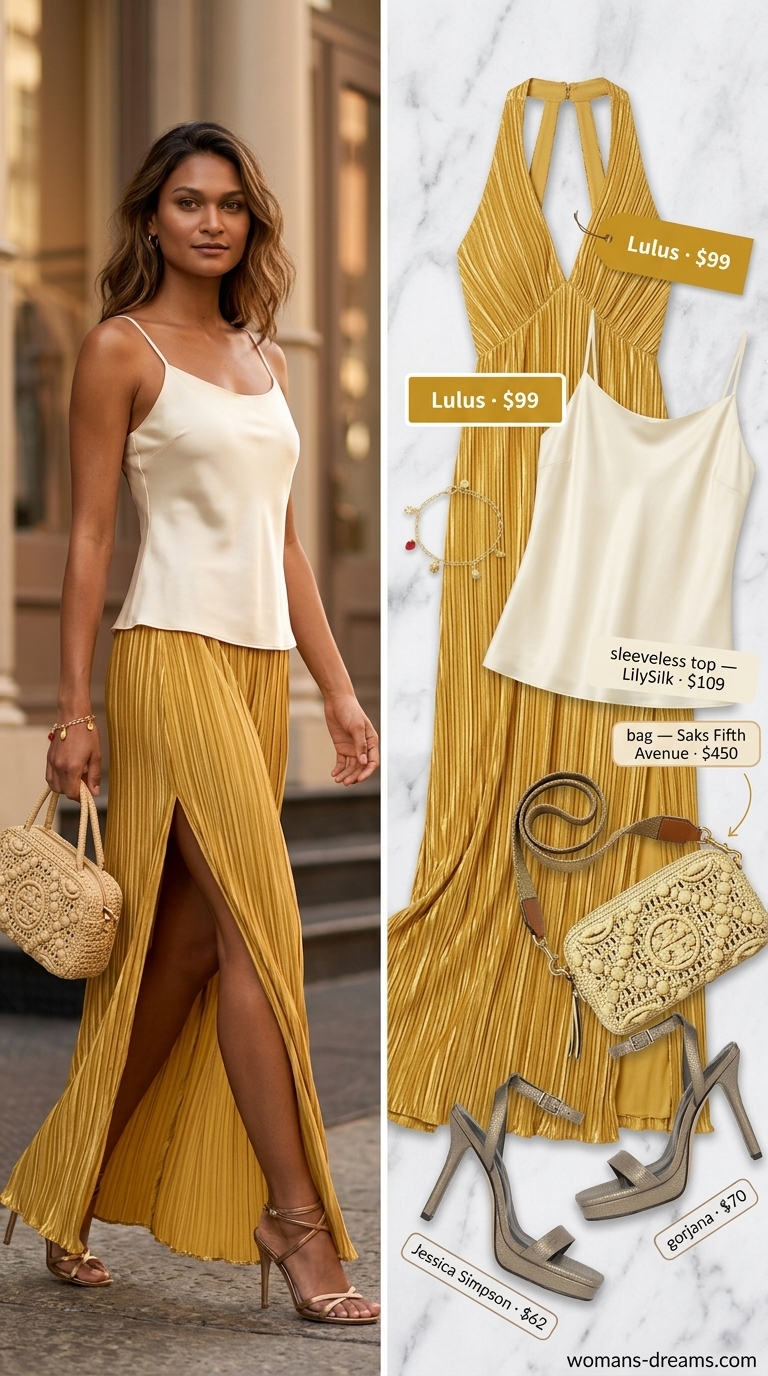Ivory column maxi dress for dressy summer outfits 2026, paired with a gold shell necklace for a luxe resort look.