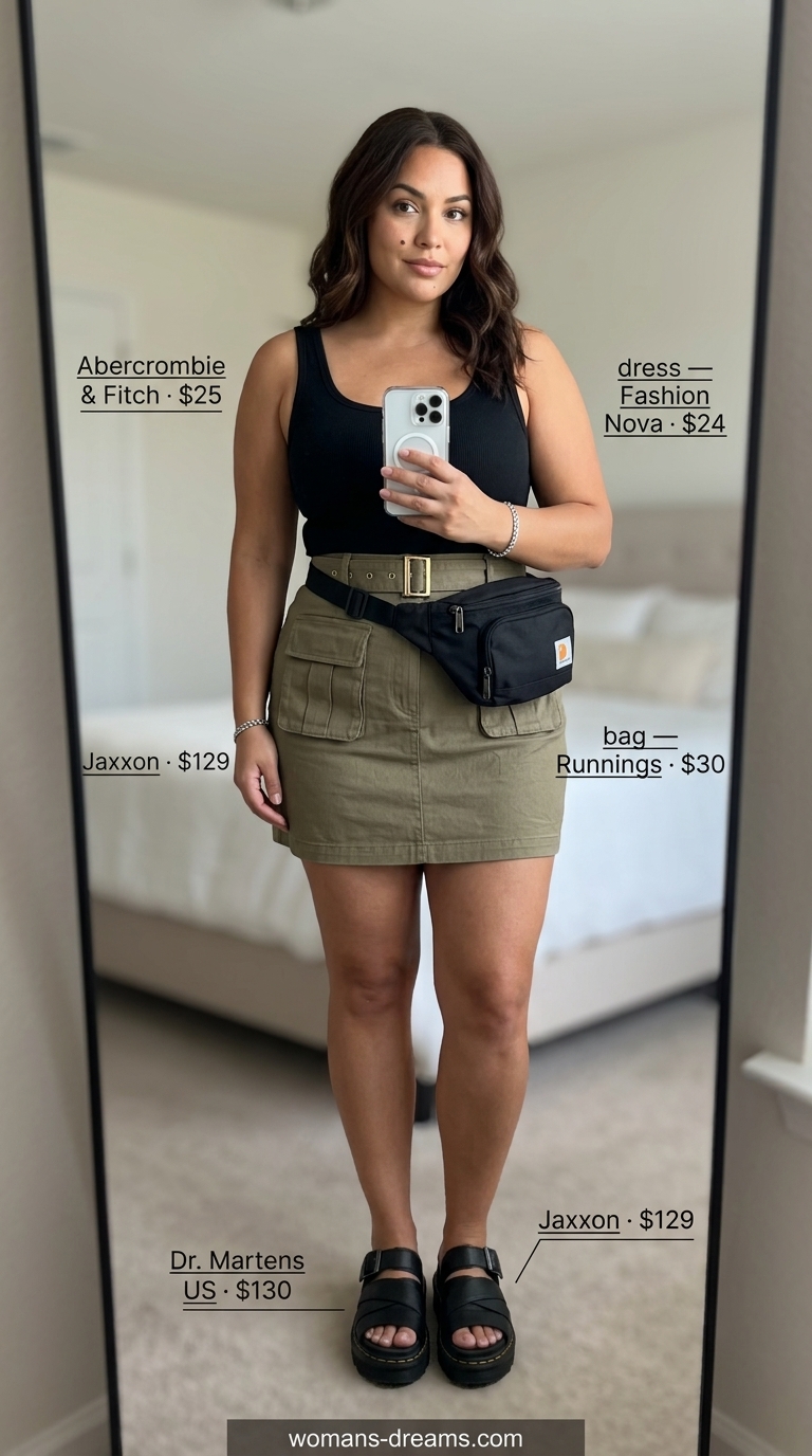 Khaki utility sleeveless dress for dressy summer outfits 2026, styled with black sandals and belt bag for a chic look.