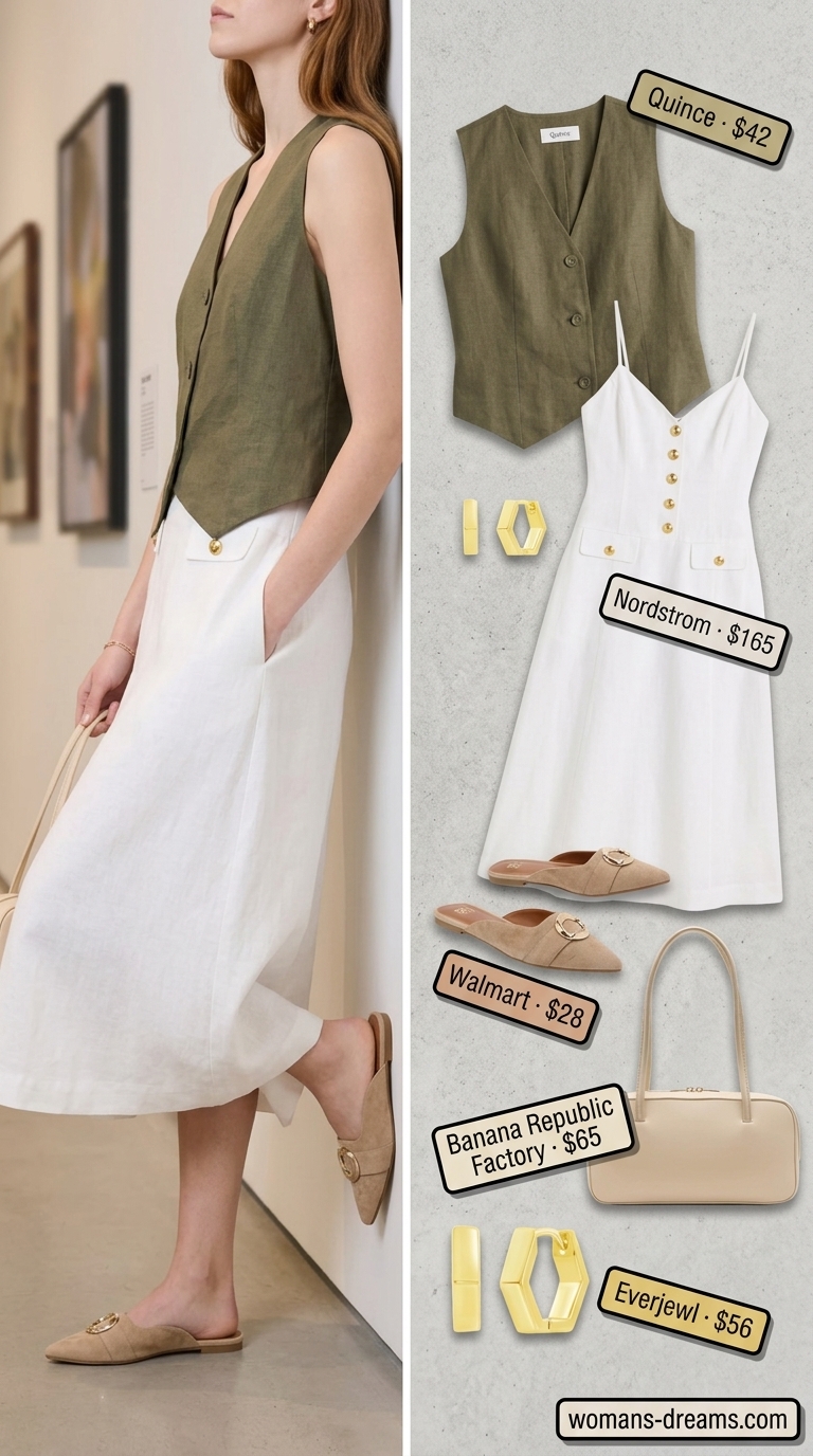 Summer City Soiree: khaki green linen vest over white midi dress, tan mules.