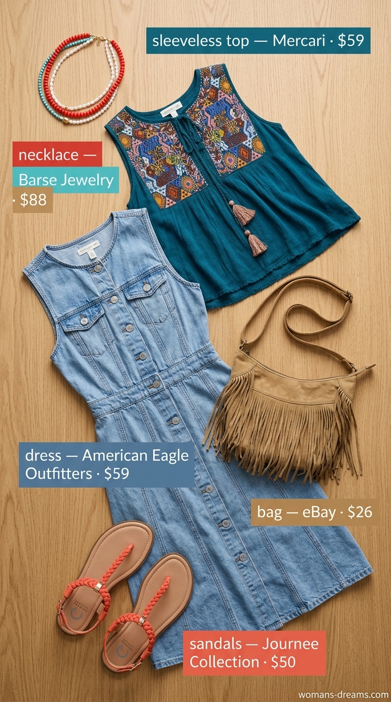 Turquoise embroidered sleeveless top for dressy summer outfits 2026, perfect for a summer festival with denim dress.