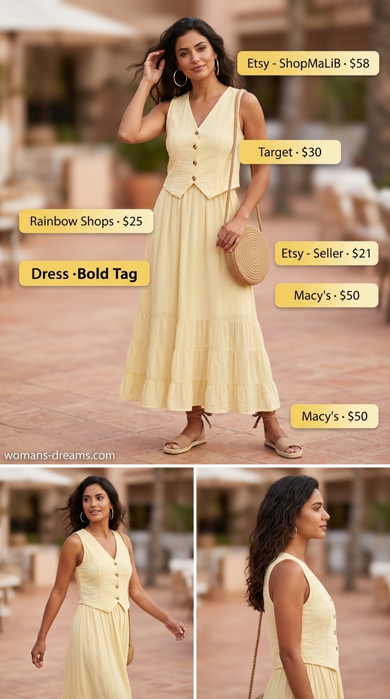 Sunny yellow tiered maxi sundress for dressy summer outfits 2026, perfect for a beach club lunch with white top.