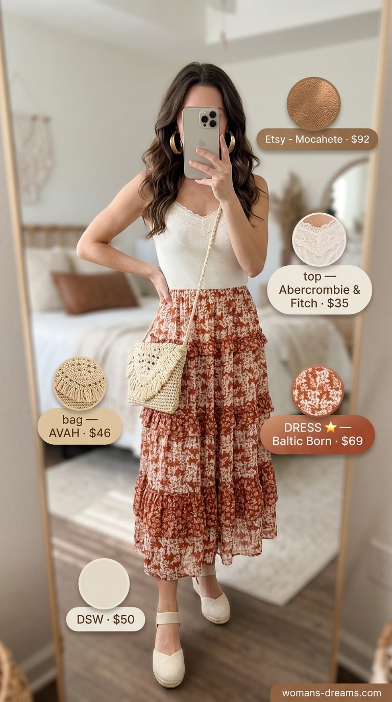 Bohemian rust floral print tiered maxi dress with a cream lace-trim camisole for a boho sunset soiree. 2026.