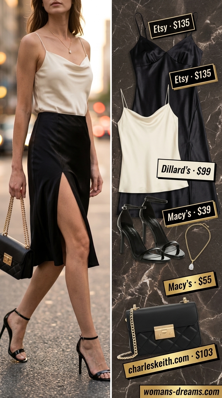 Elegant black satin slip dress with an ivory cowl neck camisole for an evening terrace elegance outfit. 2026.