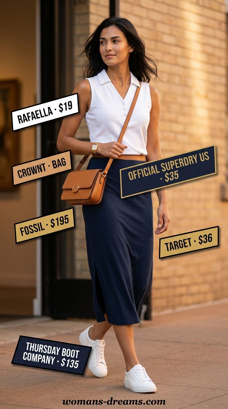 Effortless navy cotton t-shirt midi dress with a fine-gauge knit sleeveless polo shirt for weekend gallery hop. 2026.