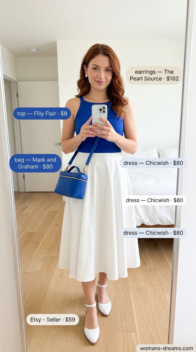 Vibrant cobalt blue knit tank top paired with a crisp white sleeveless midi dress for a retro summer fete outfit. 2026.