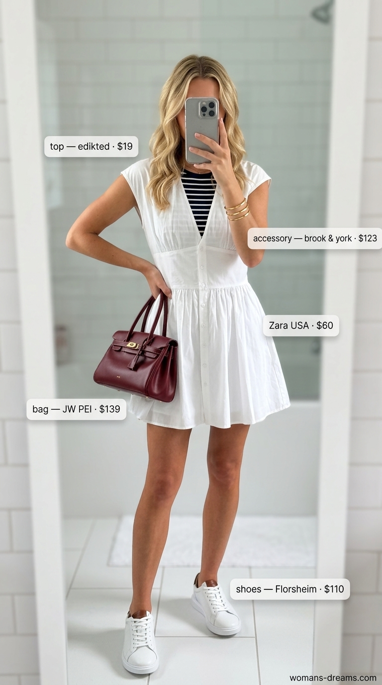 Preppy navy and white striped knit tank top with a crisp white sleeveless A-line mini dress for yacht club. 2026.
