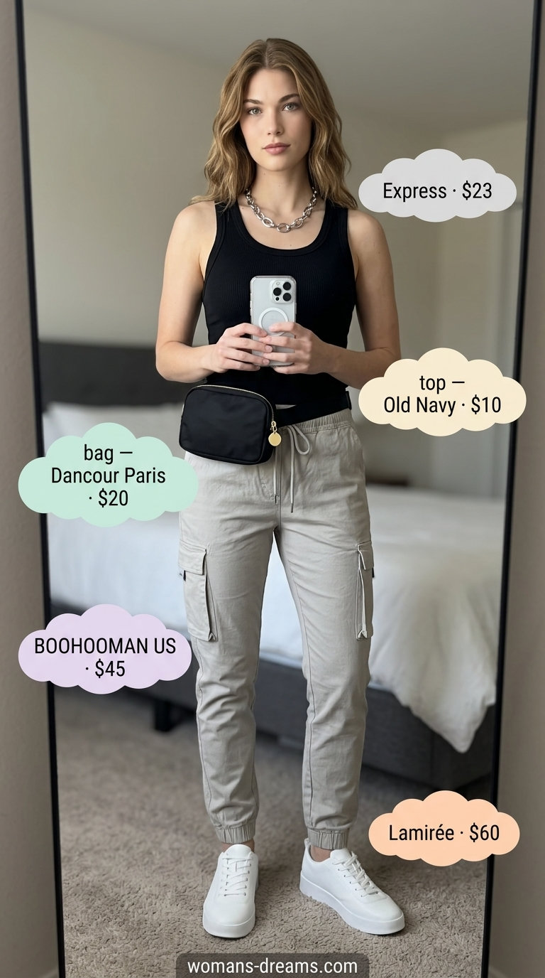Easy comfy summer outfits for women 2026: Stone grey cargo pants, black tank, white sneakers. Urban and edgy casual for city strolls.