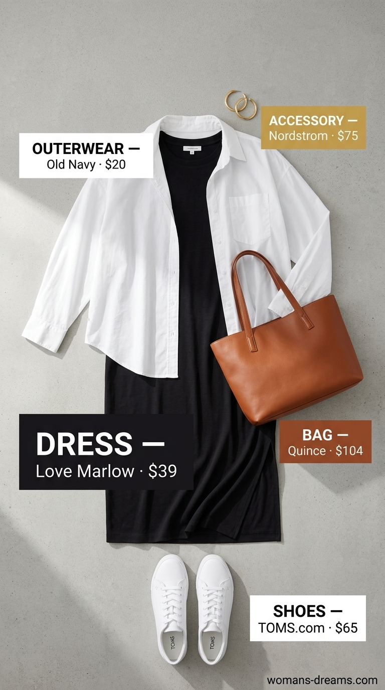 Easy comfy summer outfits for women 2026: Black midi dress, white sneakers, oversized shirt. Effortless city chic for errands or gallery visits.