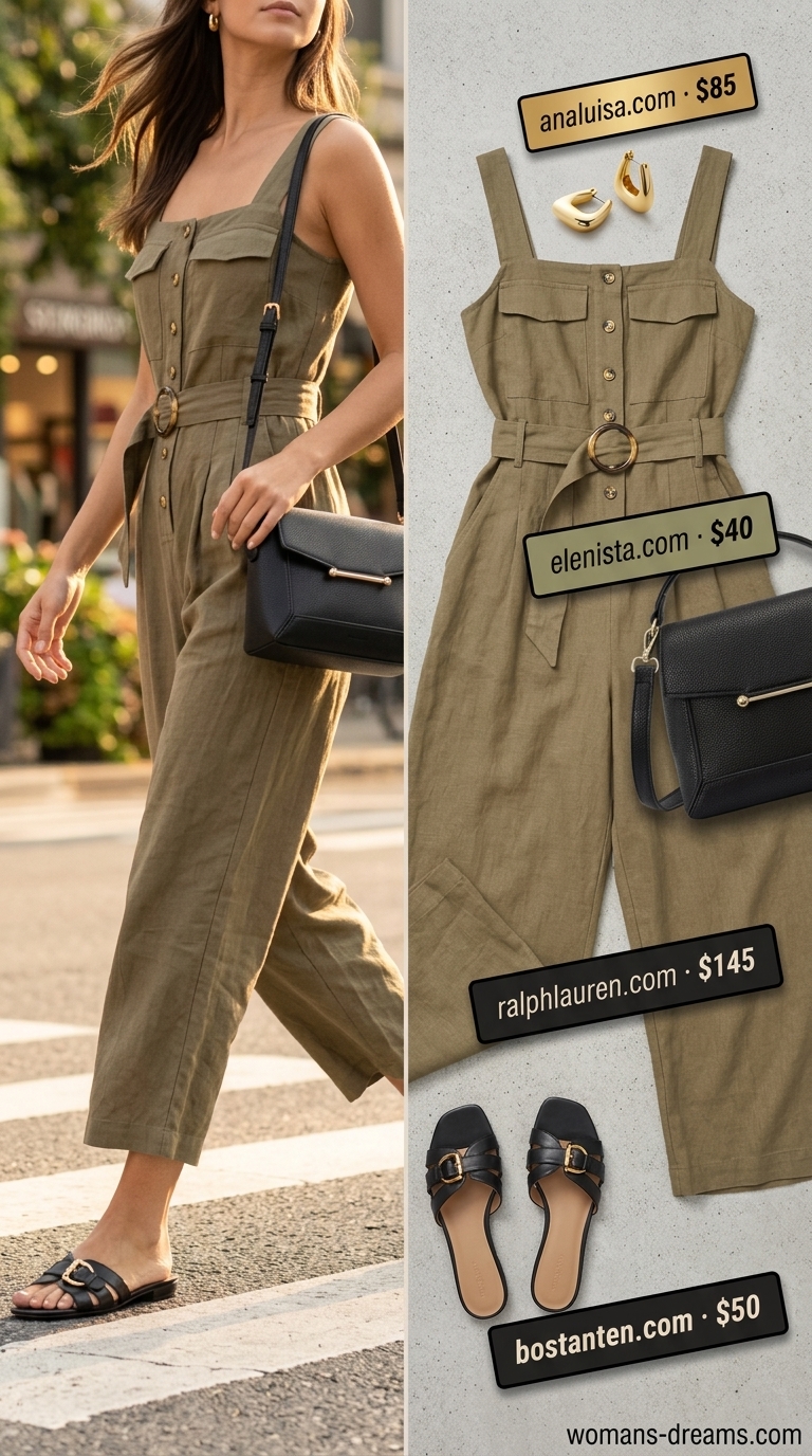 Easy comfy summer outfits for women 2026: Khaki utility jumpsuit, black slides, crossbody bag, and gold hoops for city exploring.