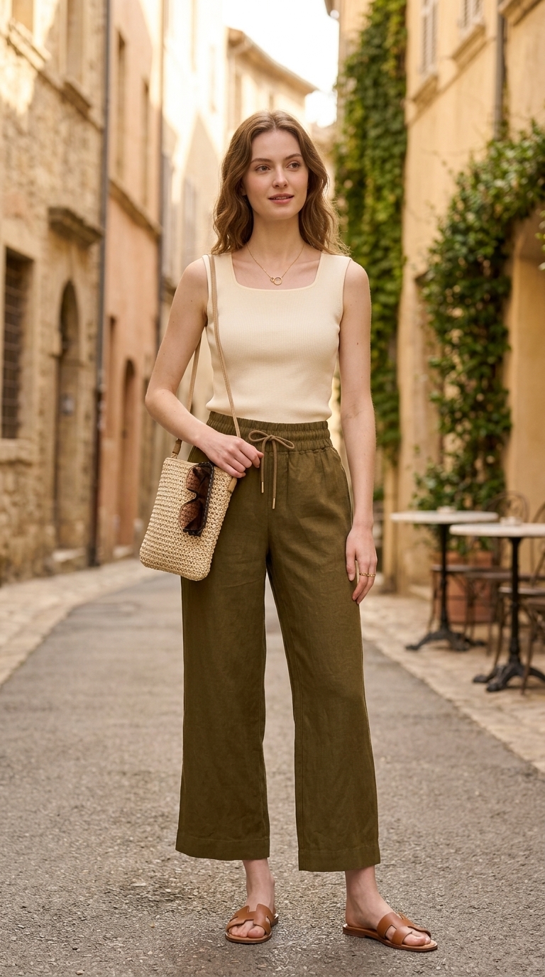 Easy comfy summer outfits for women 2026: Sage green linen pants, cream knit tank, straw bag. Perfect for brunch or vacation.