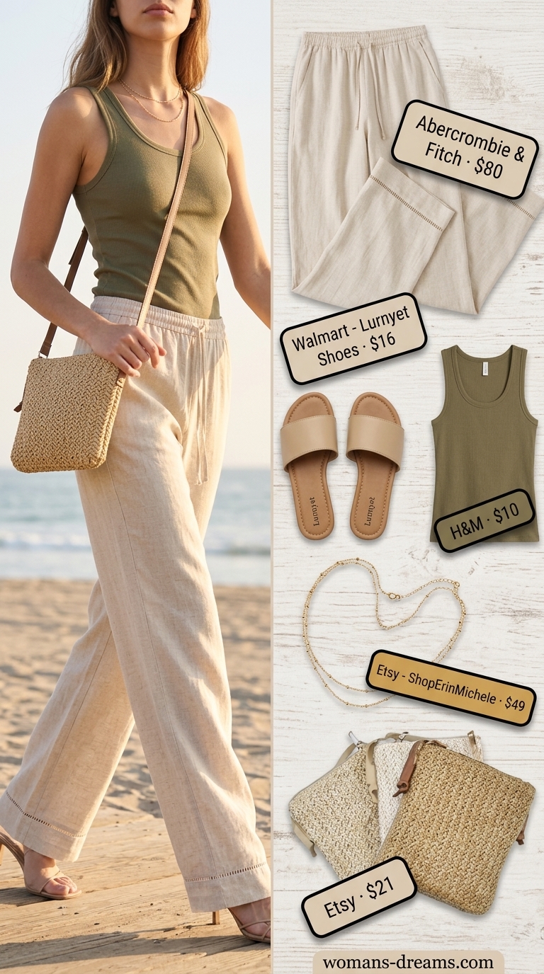 Easy comfy summer outfits for women 2026: Cream linen pants, olive tank, straw bag, and flat sandals for coastal lounging.