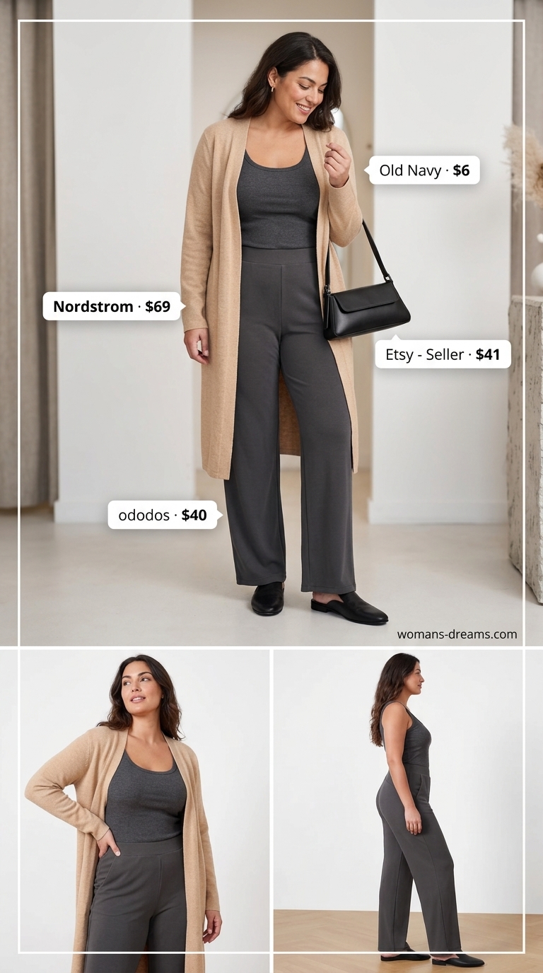 Easy comfy summer outfits for women 2026: Charcoal knit set, oatmeal cardigan, leather mules. Cozy and sophisticated for evenings or travel.