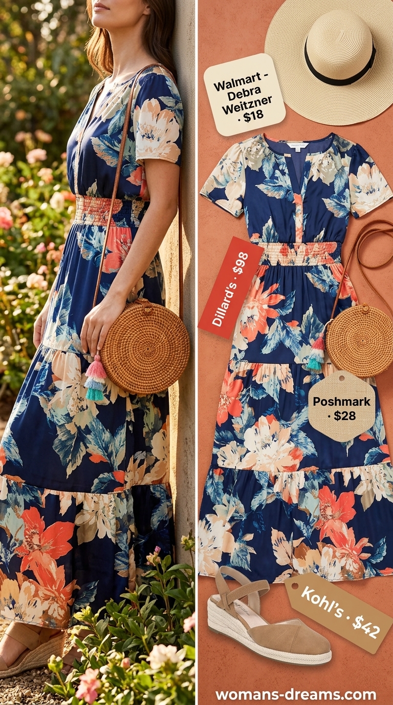 Easy comfy summer outfits for women 2026: Navy floral maxi dress, straw hat, rattan bag, and espadrilles for garden brunch.