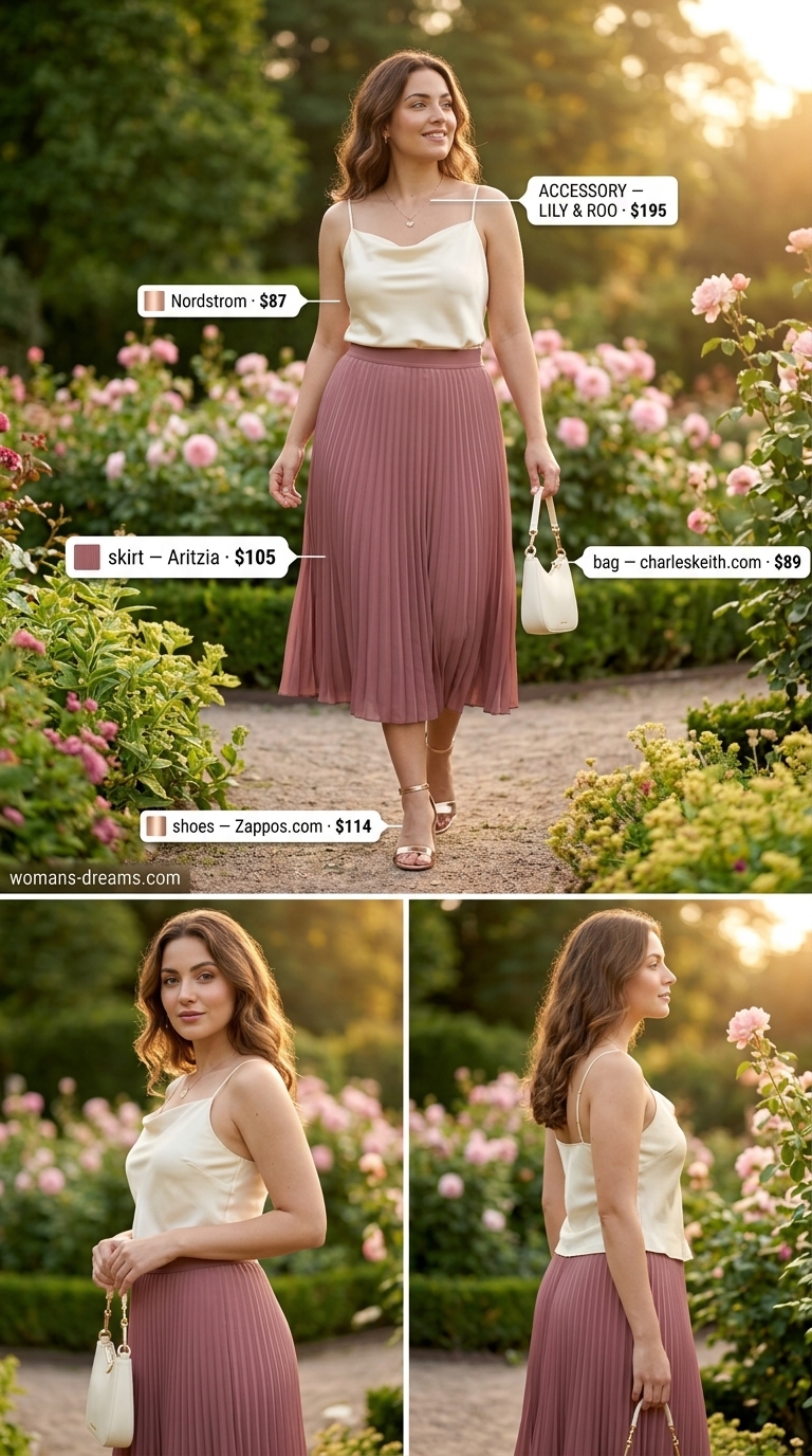 Easy comfy summer outfits for women 2026: Blush satin skirt, cream cami, rose gold heels. Feminine and elegant for garden parties.