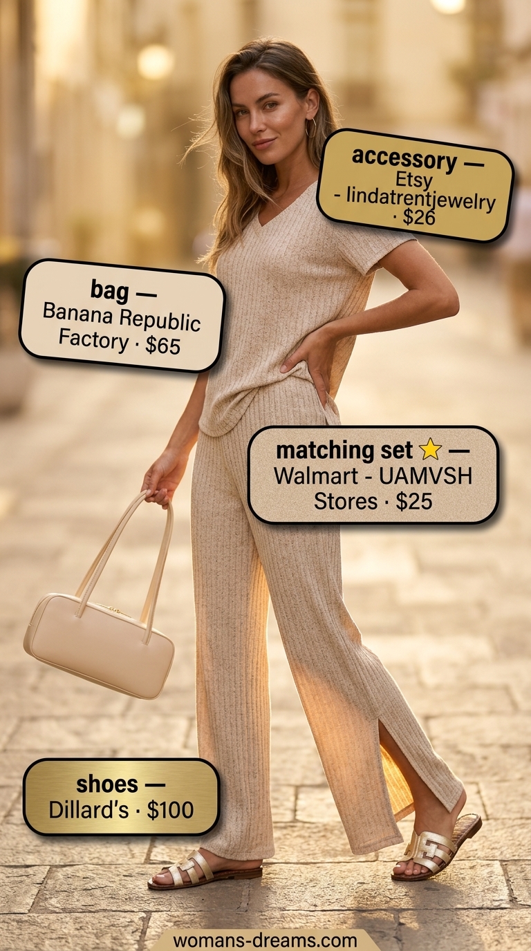 Easy comfy summer outfits for women 2026: Sand beige knit set, metallic sandals, top-handle bag. Sophisticated and comfortable resort wear.