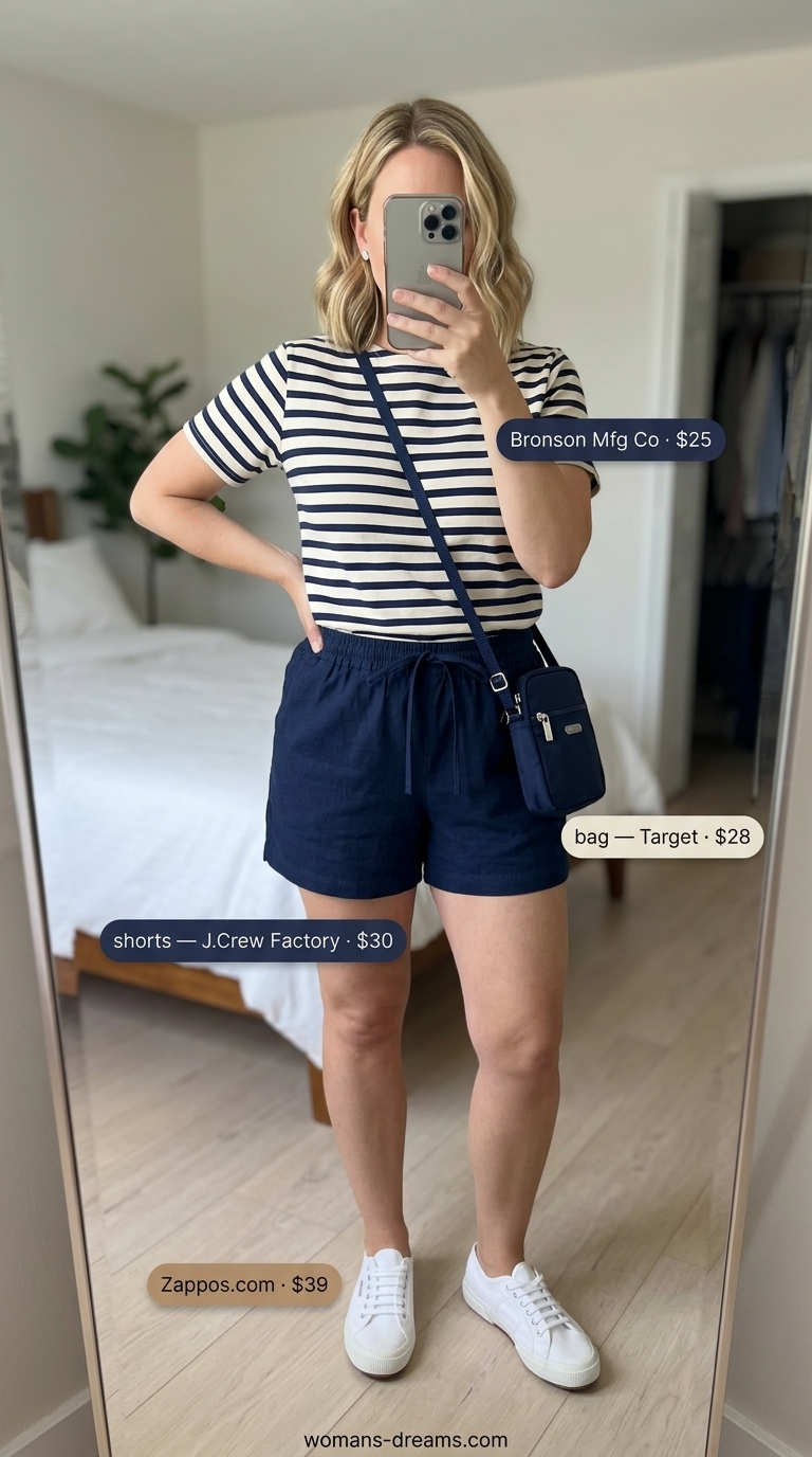 Easy comfy summer outfits for women 2026: Navy linen shorts, striped tee, canvas sneakers, and crossbody bag for lakeside.