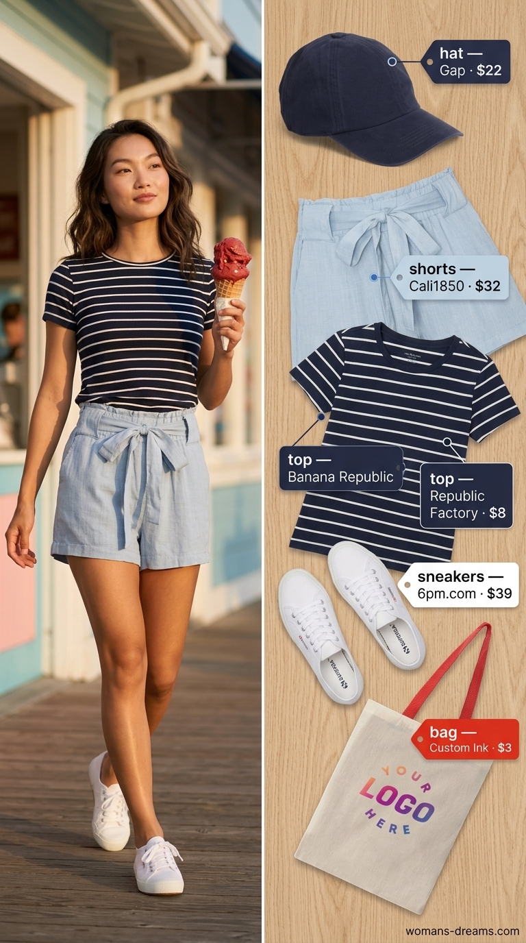 Easy comfy summer outfits for women 2026: Navy paperbag shorts, striped tee, canvas tote. Energetic, fresh look for lakeside or boardwalk.