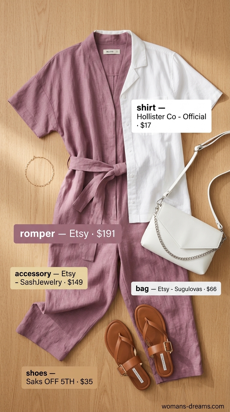 Easy comfy summer outfits for women 2026: Lavender linen romper, white crossbody, tan sandals. Youthful and charming for park days.