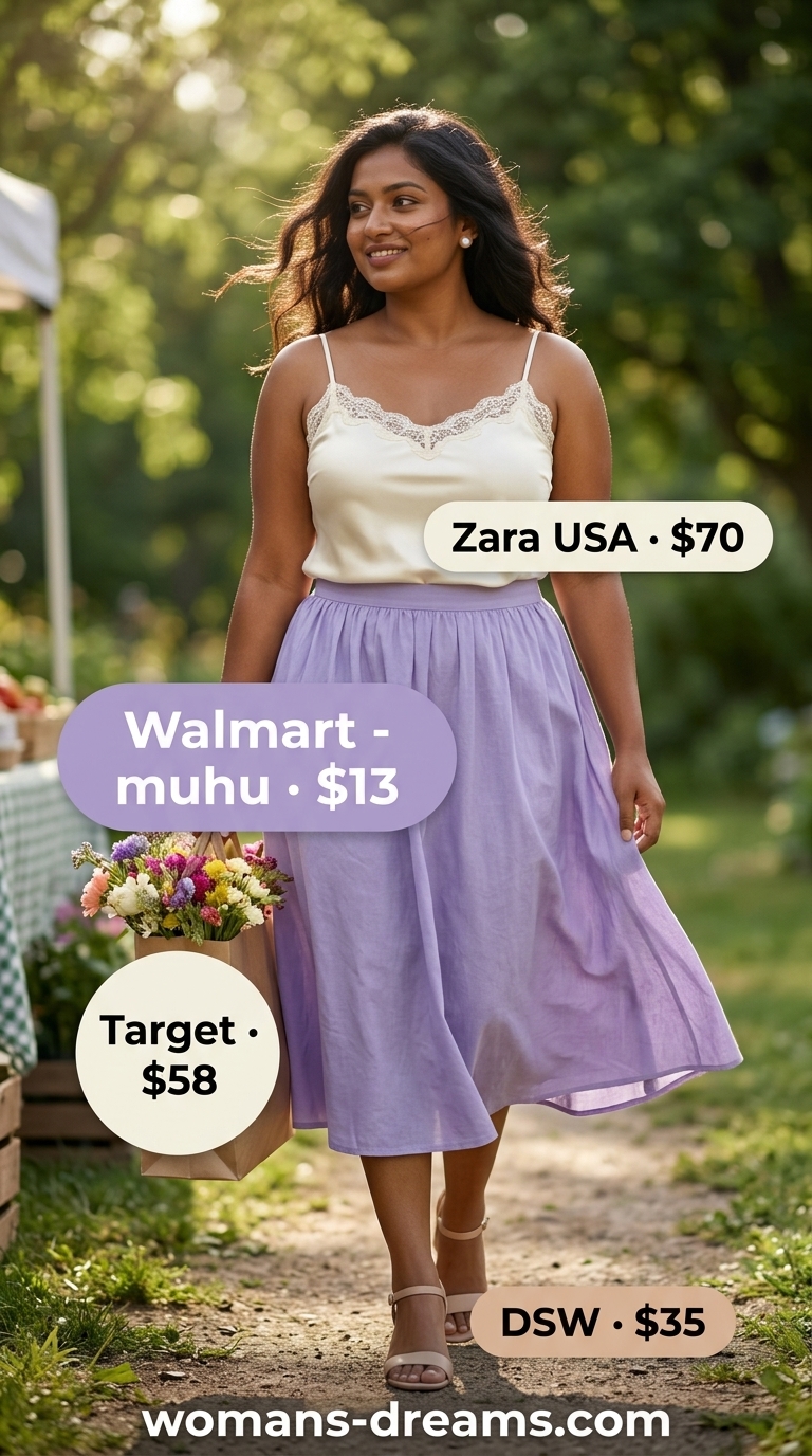 Easy comfy summer outfits for women 2026: Lavender midi skirt, lace cami, chain bag, and block heels for a pastel look.