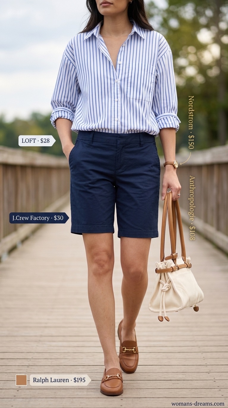 Easy comfy summer outfits for women 2026: Navy Bermuda shorts, striped shirt, loafers, and crossbody bag for preppy style.