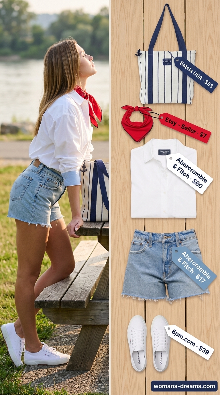 Easy comfy summer outfits for women 2026: Denim shorts, white oversized shirt, bandana, tote bag, and sneakers for a classic picnic.