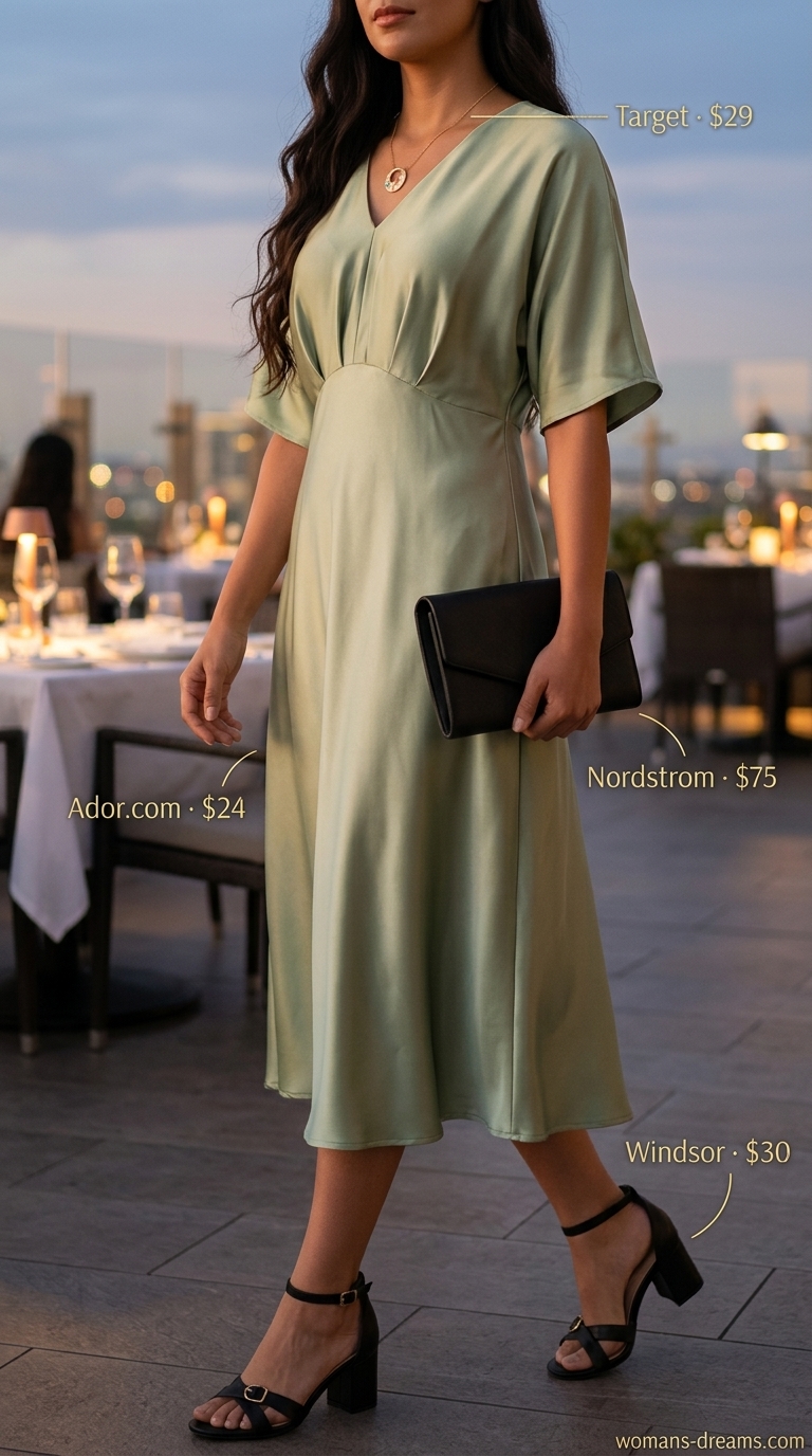 Easy comfy summer outfits for women 2026: Emerald green midi dress, gold necklace, black mules, and clutch for sunset dining.