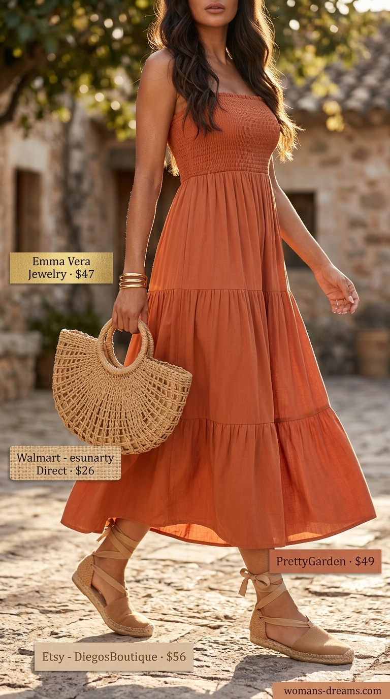Easy comfy summer outfits for women 2026: Terracotta maxi dress, straw tote, espadrilles. Effortless and vibrant for brunch or vacation.