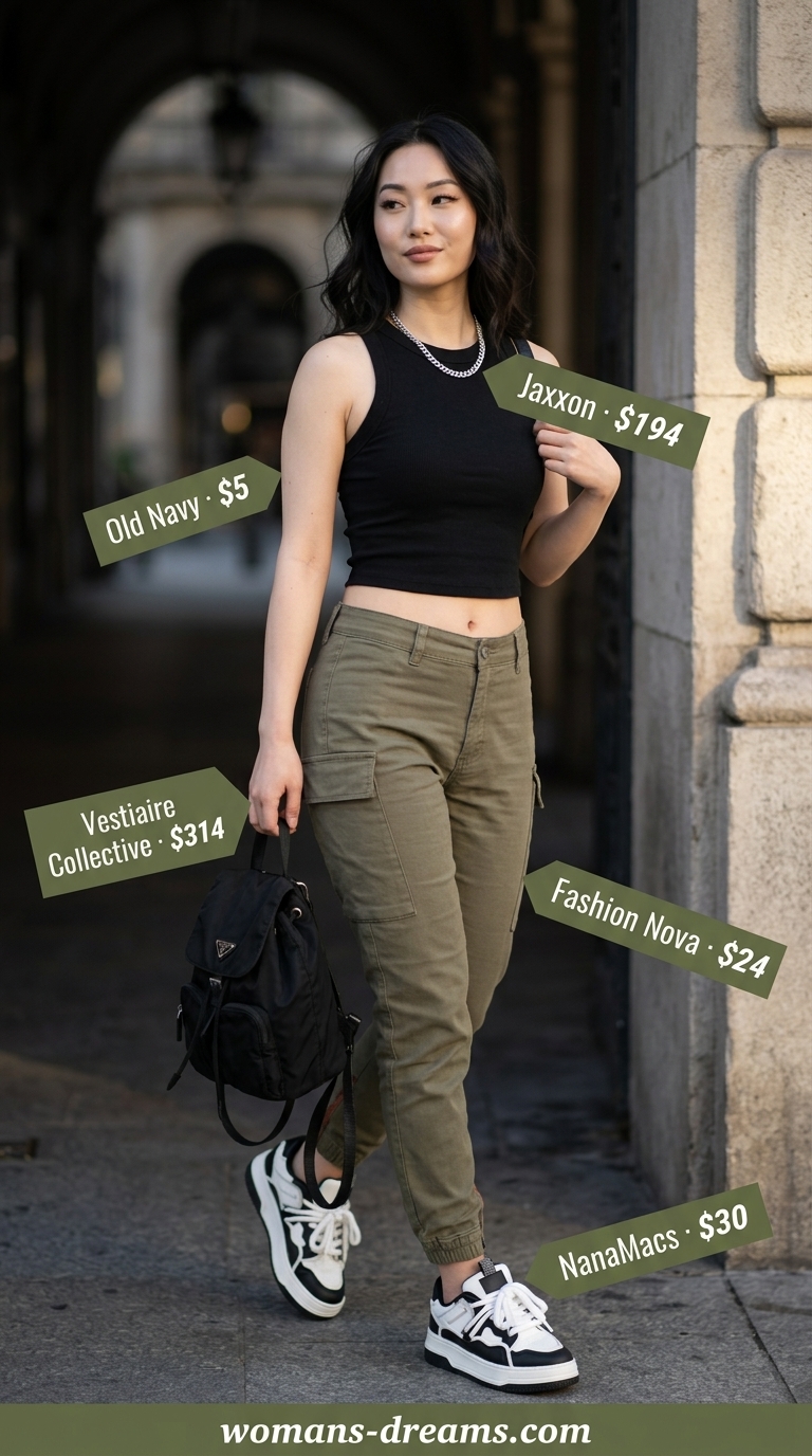 Easy comfy summer outfits for women 2026: Cargo pants, crop top, platform sneakers, and mini backpack for urban cool.