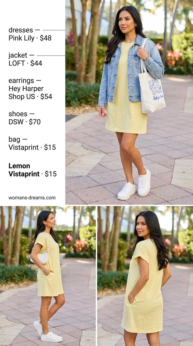 Easy comfy summer outfits for women 2026: Lemon yellow t-shirt dress, denim jacket, white sneakers. Cheerful and youthful for weekend trips.